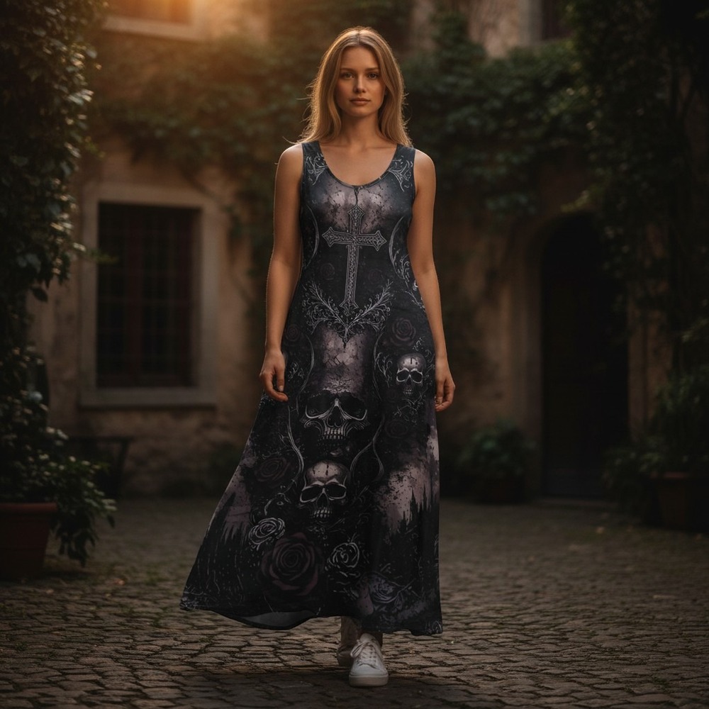 Gothic Skull Cross Rose Print Sleeveless Maxi Dress Black Grey Tank Dress
